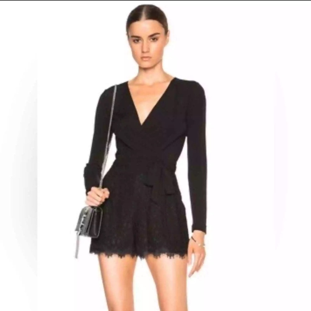 Diane von Furstenberg “Tillie” Mixed Media Wrap Romper in Black Women’s Size 8